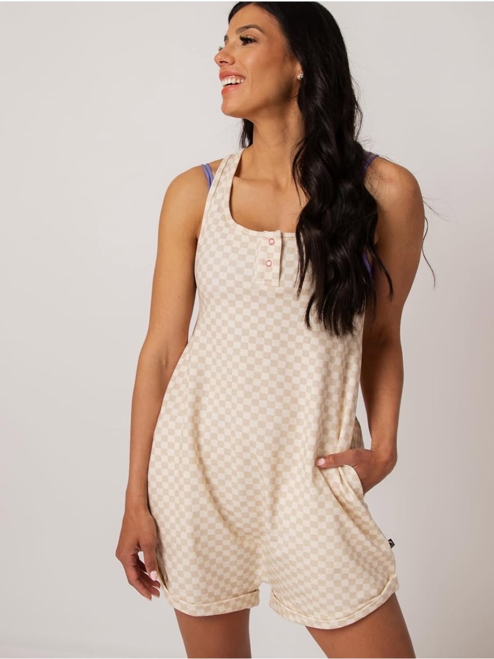 NWOT Small Rags to Raches Cream Checkered Shortie Tank Romper!